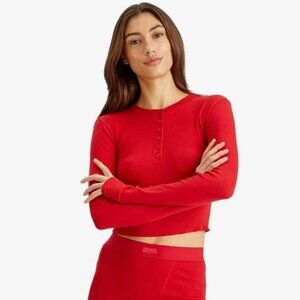 Skims Ruby Cranberry Red Cotton Rib Long Sleeve Cropped Henley Shirt Small